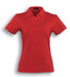 A red ladies cotton spandex polo shirt with a classic collar and short sleeves. It features a logo on the neckline.