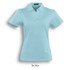 A sky blue polo shirt made of cotton and spandex, featuring a collar and short sleeves, with a logo on the chest.