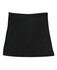 A black skort with a fitted waist and flared hem, featuring a logo on one side.