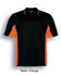 A black and orange men's polo shirt featuring a branded logo on the chest area.