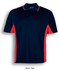 A navy polo shirt with red side panels and collar, featuring a logo.