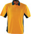 A yellow and dark green polo shirt with a collar and a logo. Features contrasting trim and short sleeves.