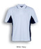 A white and navy polo shirt featuring a collar, short sleeves, and a logo on the front.
