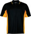 A black and yellow polo shirt featuring a collar and short sleeves, with a logo on the front.