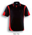 A black and red unisex polo shirt featuring contrasting panels and a logo on the chest.