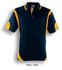 A navy and gold unisex polo shirt with contrasting panels and a collar. It features a logo on the chest.