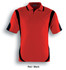 A red and black unisex polo shirt with contrasting details and a logo on one sleeve.