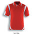 A red and white unisex polo shirt featuring contrasting side panels and a collar. It has a logo on it.