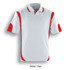 A white polo shirt with red contrast panels, featuring a collar and short sleeves, includes a logo.