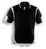 A black and white polo shirt featuring contrasting panels and a collar. The shirt includes a logo.