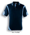 A navy and sky blue polo shirt featuring contrasting panels and a collar, with a logo on the front.