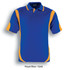 A royal blue polo shirt with gold contrast panels and a logo on the chest. Short sleeves and a classic collar design.
