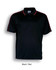 A black polo shirt featuring red accents and a collar, with a logo on the chest.