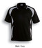 A black and grey polo shirt featuring a logo and dynamic side design elements.