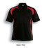 A black and red unisex polo shirt featuring short sleeves and a logo on the chest.