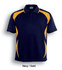 A navy and gold unisex polo shirt with a logo, featuring contrasting side panels.