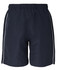 A pair of navy shorts with white side piping, featuring an elastic waistband and no visible logos.