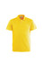 A bright yellow polo shirt with a collar and button placket, featuring a logo on the front.