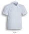A white men's classic polo shirt with a collared neckline and short sleeves, featuring a logo on the chest.