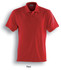 A red polo shirt with a collar and short sleeves, featuring a logo.