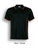 A black polo shirt with orange detailing and a logo, featuring short sleeves and a classic collar.