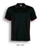 A black polo shirt with red accents and a logo on the chest. Short sleeves and a classic collar design.