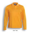 A unisex long sleeve polo shirt in gold with red detailing and a logo.