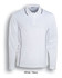 A long sleeve polo shirt in white with navy accents and a logo. Suitable for unisex adults.