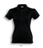 A black ladies' polo shirt featuring a collared neck and short sleeves, with a logo on the chest.