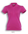 A magenta ladies fashion polo shirt with a collared neckline and short sleeves. It features a button placket and a logo.