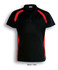 A black polo shirt featuring red contrast panels and a collar, designed as men's short sleeve attire.