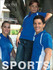 A blue short sleeve polo shirt with white contrast panels. The shirt features a logo and is modeled by a woman and a boy.