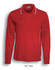 A red long-sleeve polo shirt with white accents and a collar, featuring a logo.