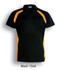 A black polo shirt with gold contrast panels. It features a collar and short sleeves, with a logo on the chest.