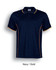 A navy polo shirt with gold detailing and a logo. Features short sleeves and a classic collar.