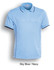 A sky blue short sleeve polo shirt with navy accents and a logo.