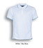 A short sleeve polo shirt in white with sky blue accents and a logo.