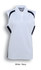 A ladies sleeveless polo shirt in white and navy, featuring a contrasting design and a collar. It has a logo on it.