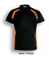 A black polo shirt with orange contrast panels and a collar, featuring a branding logo.