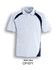 A white and navy unisex polo shirt featuring a contrasting design and a collar, with a logo present.