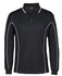 A black long-sleeve polo shirt featuring white piping and a collar, with a logo on the upper front.