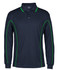 A navy long sleeve polo shirt with green piping details and a collar. The shirt features a logo.