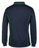 A navy blue long-sleeve polo shirt with green piping accents and a logo on the chest.