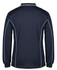 A navy long-sleeve polo shirt with light blue piping and a logo on the back.