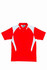 A red polo shirt featuring white contrast panels and a logo. Suitable for unisex adults.
