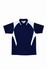 A navy blue polo shirt with white contrast panels and a collar. It features a logo on the left side.
