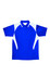 A blue polo shirt featuring white contrast panels, short sleeves, and a collar, with a logo on the front.