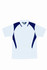 A white polo shirt featuring navy contrast panels and a logo on the chest. Short sleeves and a classic collar design.