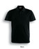 A black polo shirt with a collared neckline, featuring a button placket and branding logo.