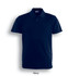 A navy basic polo shirt with a collar and buttons, featuring a logo on the front.